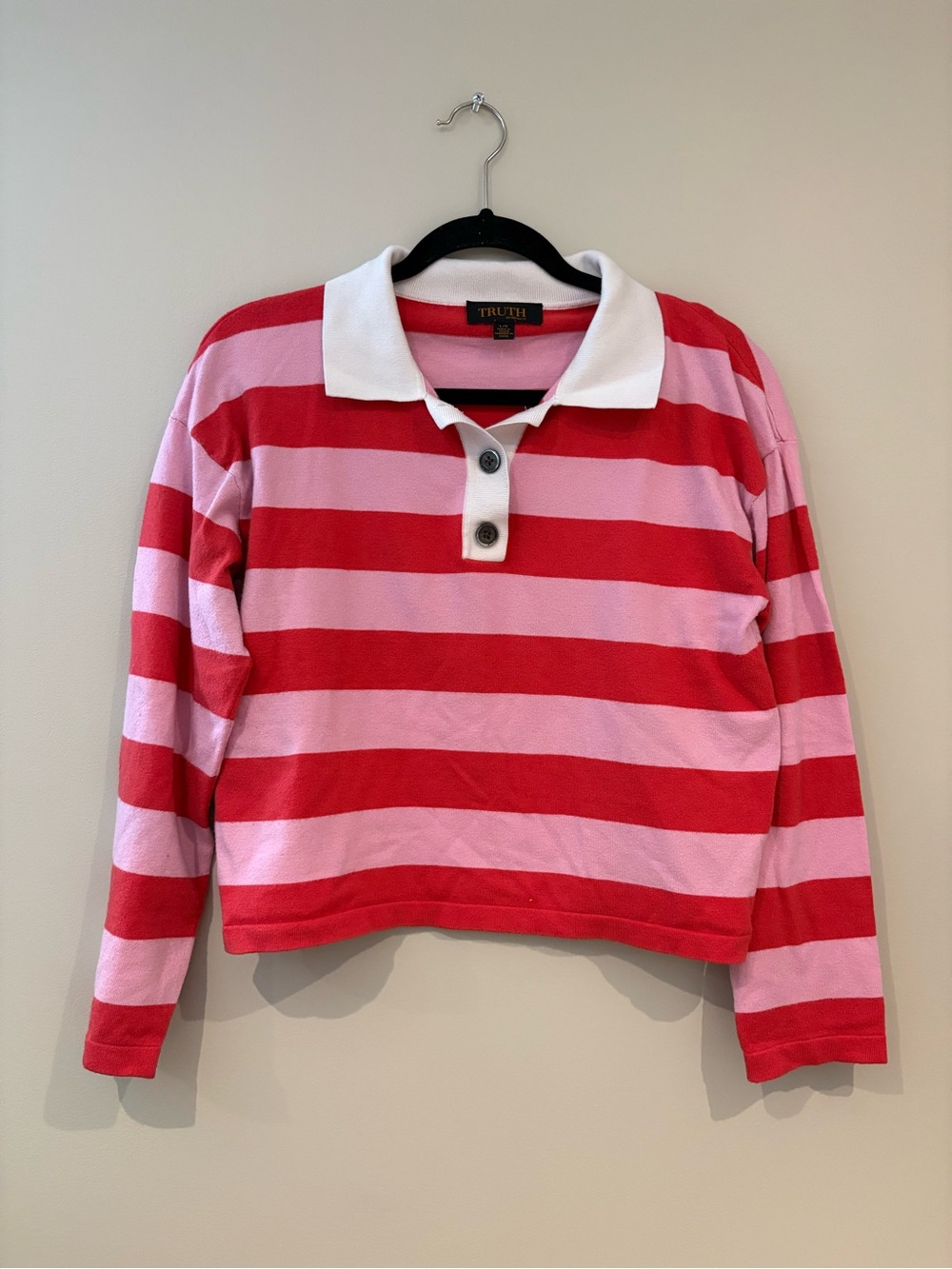 TRUTH Pink, Red & White Striped Polo Cropped Sweater